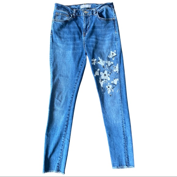 Zara Basic Z1975 Jeans Painted Beaded Flowers - Picture 2 of 11